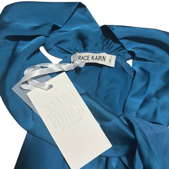 GRACE KARIN NWT Halter Kapin Blouse Satin Fabric Blue Color Size 2XL - Picture 7 of 7